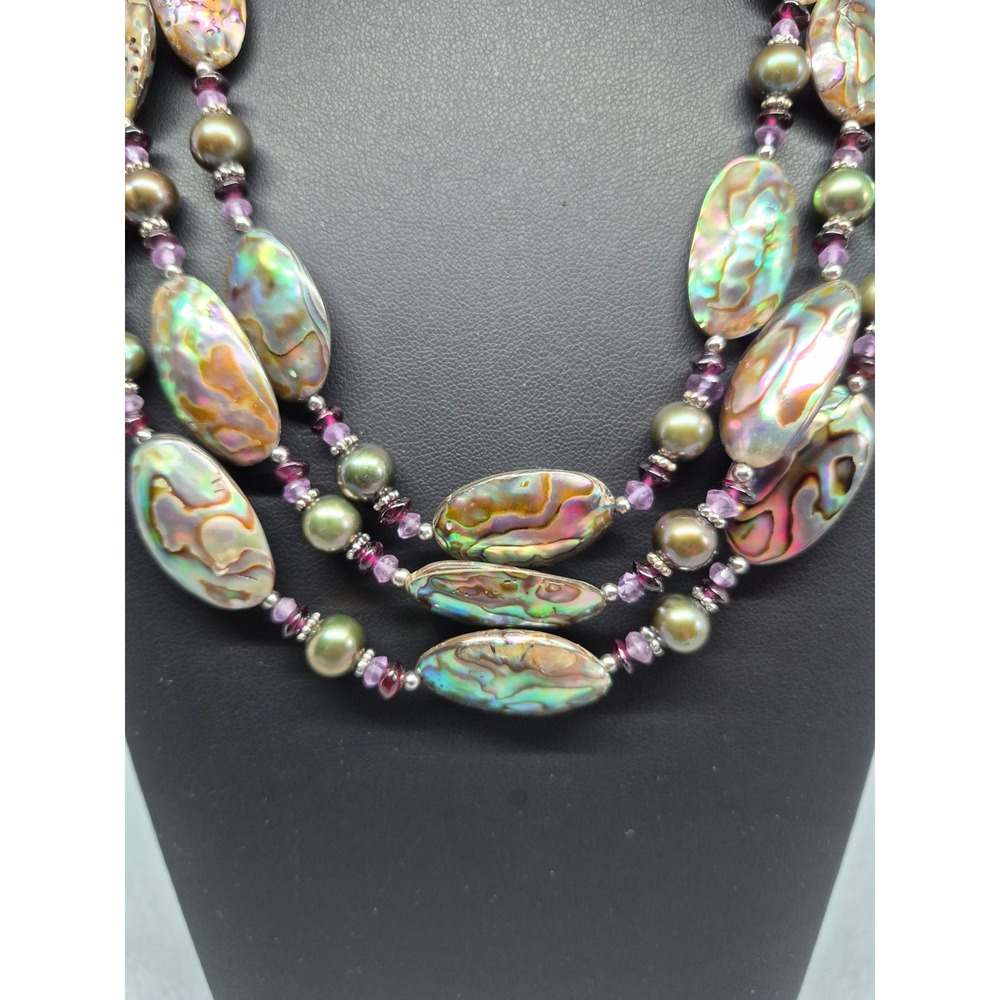 Abalone Necklace Paua Pearl Amethyst Garnet Multi Strand Iridescent Statement - Picture 2 of 16